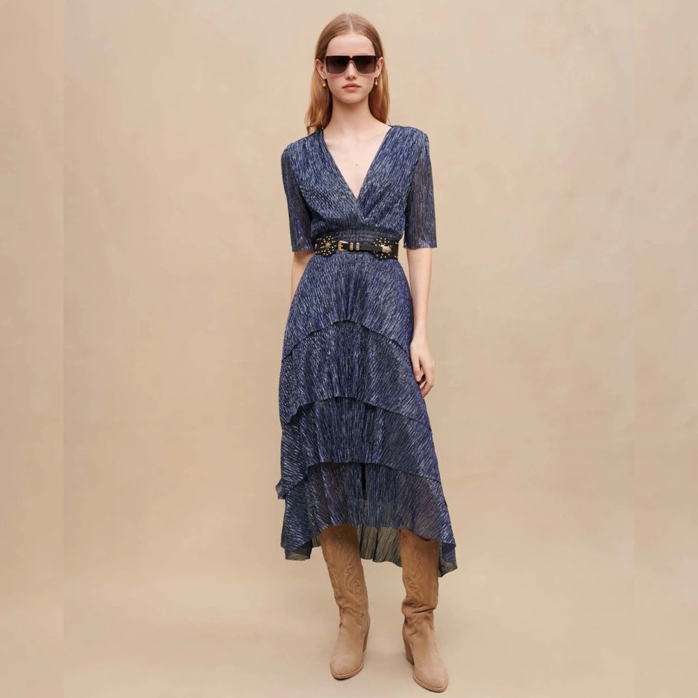Maje Blue Silver Lurex Maxi Dress Ruffle V Neck EU 36